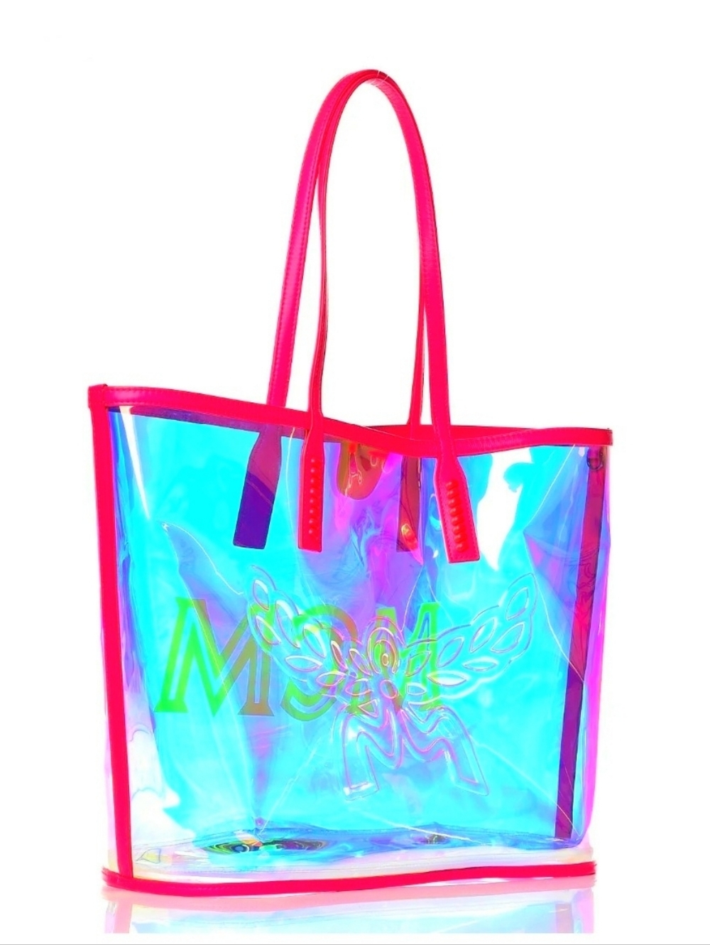 MCM Clear Iridescent PVC Shopper Tote Neon Pink Hologram Two Pieces!